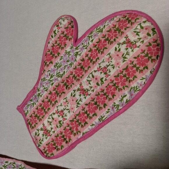 Vintage Homemade Kitchen Half Apron And Oven Mitt Pink Green Floral - Picture 4 of 15